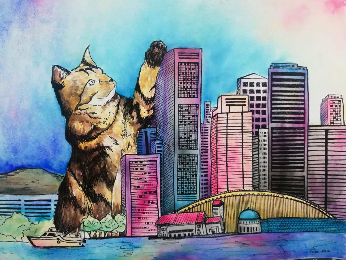 Gato en ciudad, acuarela sobre papel, 2018
