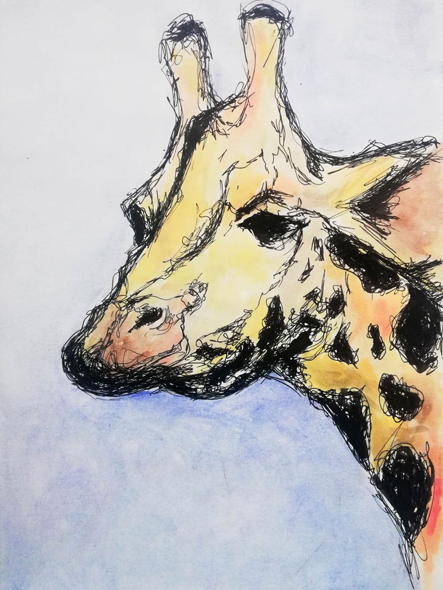 Jirafa, acuarela y tinta sobre papel, 2018